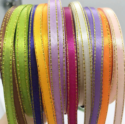 1cm Satin Ribbon with Two Side Gold Strips Single Face Ribbon