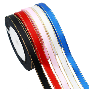 1cm Satin Ribbon with Two Side Gold Strips Single Face Ribbon